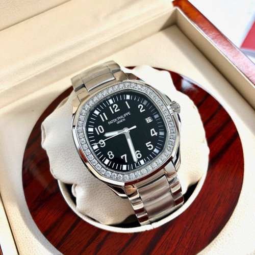 Super clone replica iced out Patek Philippe AQUANAUT series moissanite vvs diamond Geneve two tone silver black watch