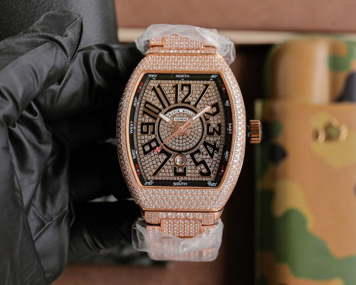 High quality replica iced out Franck Muller FN Vaard Yachng V45 series curver moissanite vvs diamond black dial watch