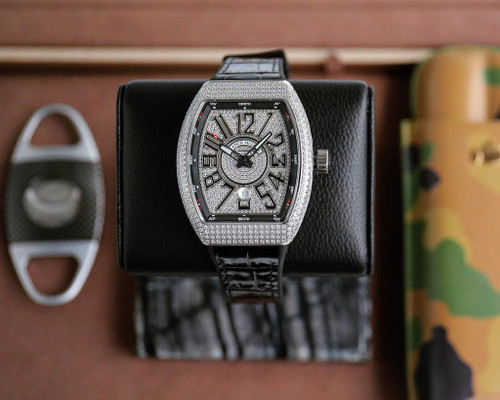 High quality replica iced out Franck Muller FM Vanguard Yachting V45 yacht series moissanite vvs diamond black silver watch