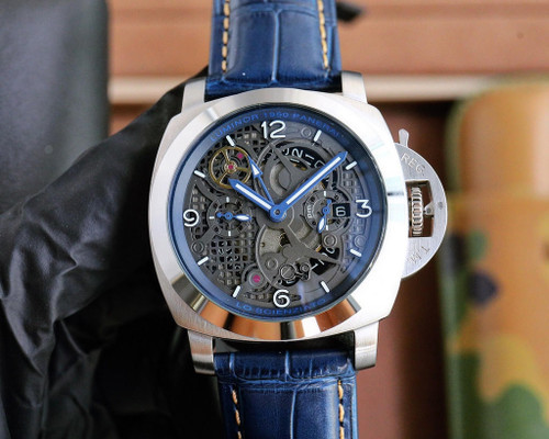 buy Super clone replica plain jane PANERAI curved skeleton blue leather strap watch replica from hypereptime Panerai