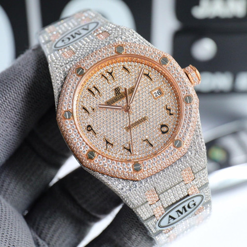 buy High quality replica iced out Audemar Piguet moissanite vvs diamond two tone rosegold with arabic dial watch replica from hypereptime Audemars Piguet