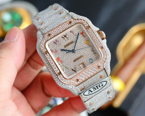 buy High quality replica iced out Cartier santos moissanite vvs diamond two tone rosegold  watch replica from hypereptime Cartier