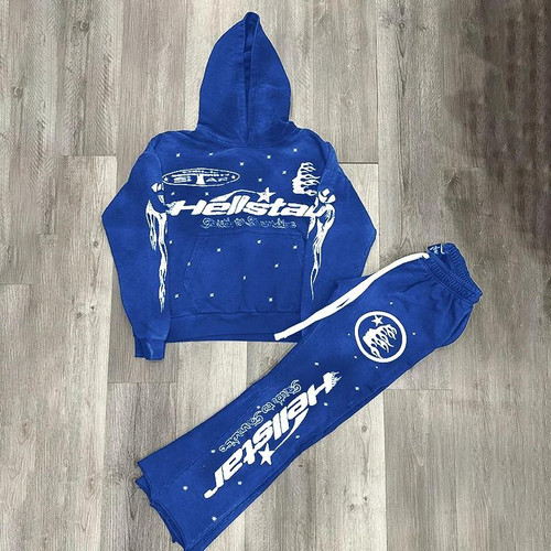 buy High quality replica UA Vintage Street Hellstar Hip Hop Blue Pullover Hoodie & Flared Sweatpants Set replica from hypereptime Other brands