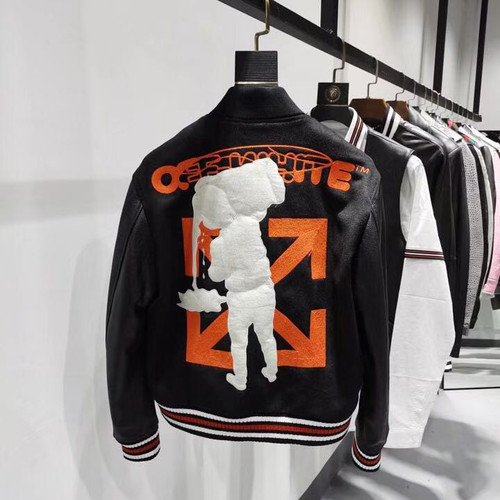 Buy High quality replica UA Offwhite Real Leather Varsity Bomber Jacket from HypeRepTime, best replica designer brand website