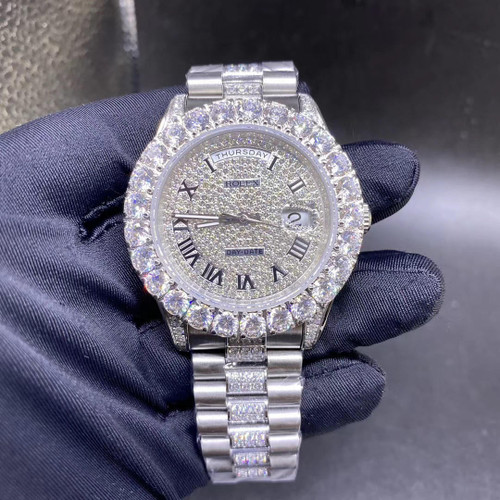 Buy Iced out replica moissanite diamond in middle rolex date just watch Prongset big stone bezel presidential bands from HypeRepTime, best replica designer brand website
