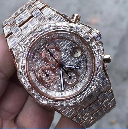 buy Iced out replica moisonnite baguette diamonds  AP royal oak chronograph watch replica from hypereptime Audemars Piguet