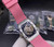 Buy High quality replica Iced Out Moissanite baguette Richard Mille 32mm, pink rubber strap from the best trusted, fake clone swiss designer brand watch website