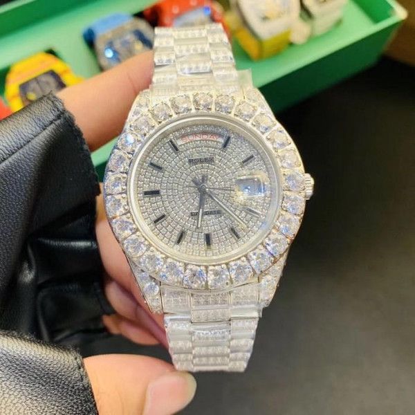 buy Iced out replica silver moissanite diamond clone Rolex day date watch replica from hypereptime Rolex
