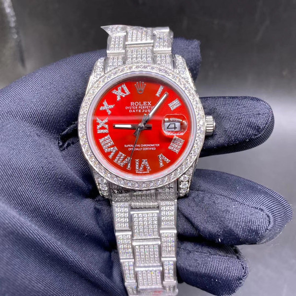 buy High quality replica Iced out moissanite Diamonds Rolex Datejust silver case with red face oyster bracelet 36mm replica from hypereptime Rolex