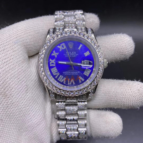 buy High quality replica iced out moissanite diamonds Rolex date just Blue face 40mm replica from hypereptime Rolex