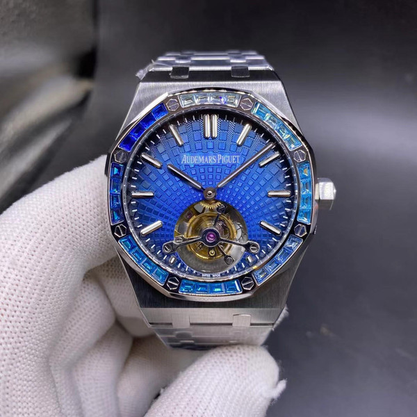 buy Iced out moisonnite diamonds replica AP Tourbillon hands-winding movement blue dial 41mm replica from hypereptime Audemars Piguet