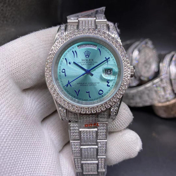 buy High quality replica Iced Out moissanite diamonds Rolex Daydate, Blue dial, Arabic numbers, (36 - 44mm available) replica from hypereptime Rolex