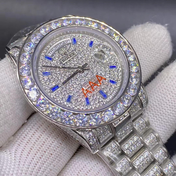 buy High quality replica Iced out moissanite diamonds Rolex Daydate, Blue stone numbers replica from hypereptime Rolex