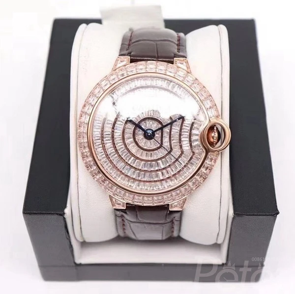 XHigh quality replica Iced out Moissanite Diamonds  Cartier Baguette Rosegold 42mm brown leather strap
