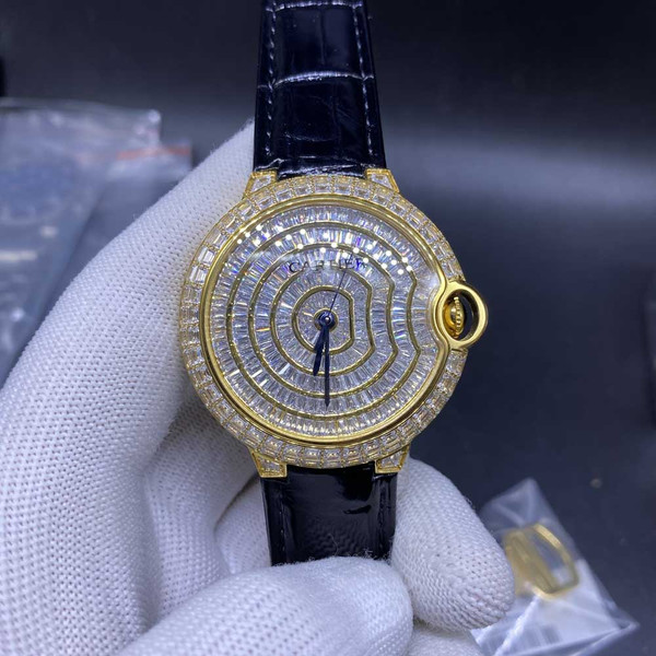 High quality replica Iced out Moissanite Diamonds  Cartier Swiss  yellow gold case 42mm with  black leather