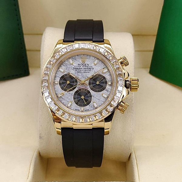 buy High quality replica Plain jane Rolex Daytona Meteorite dial gold case 40mm baguette stones bezel black rubber strap replica from hypereptime Rolex
