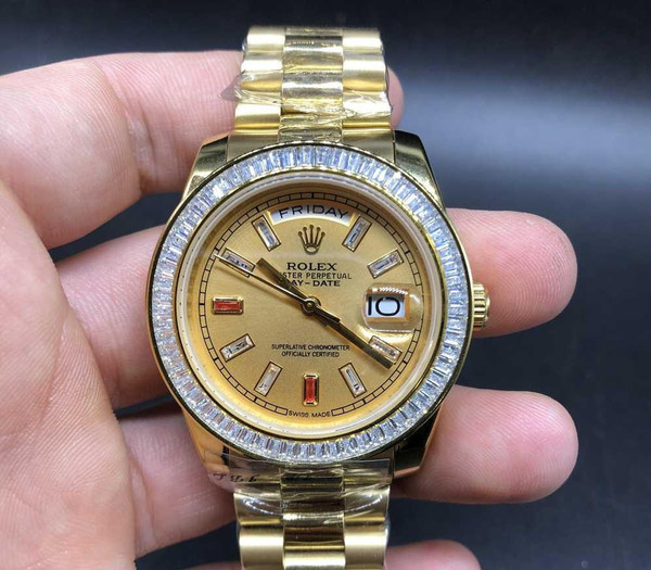 buy High quality replica Iced out Moissanite Rolex DayDate gold case baguette diamonds bezel automatic replica from hypereptime Rolex