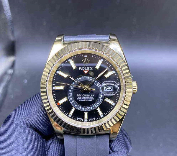 High quality replica Plain Jane Rolex Sky-Dweller gold case  black dial oysterflex rubber strap