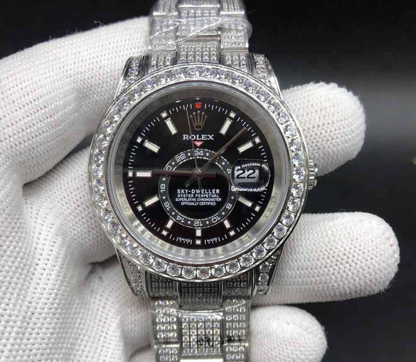 buy High quality replica Iced out Moissanite Rolex Sky-Dweller silver case with oyster strap replica from hypereptime Rolex