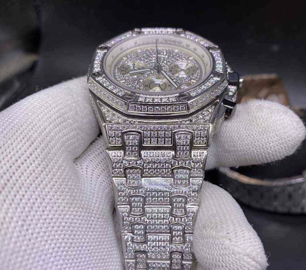 buy High quality replica Iced out Moissanite AP Full Iced out Silver Chronograph replica from hypereptime Audemars Piguet