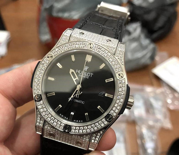 buy High quality replica iced out moissanite Hublot Silver case with Leather Strap replica from hypereptime Hublot