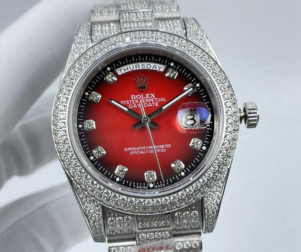 Buy High quality replica Iced Out Moissanite Rolex Daydate silver with dots dial face Pick Style from the best trusted, fake clone swiss designer brand watch website