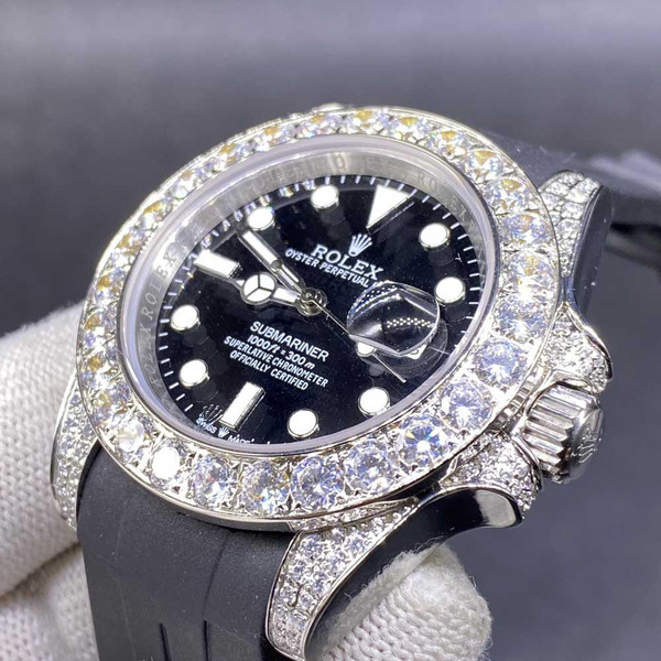 Buy High quality replica Iced Out Moissanite Rolex Submariner with Black rubber strap from the best trusted, fake clone swiss designer brand watch website