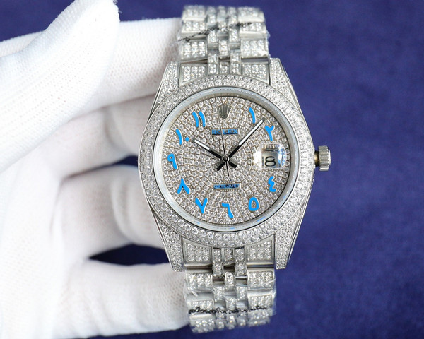 High quality replica iced out Rolex Datejust moissanite vvs diamond silver with blue arabic dial watch