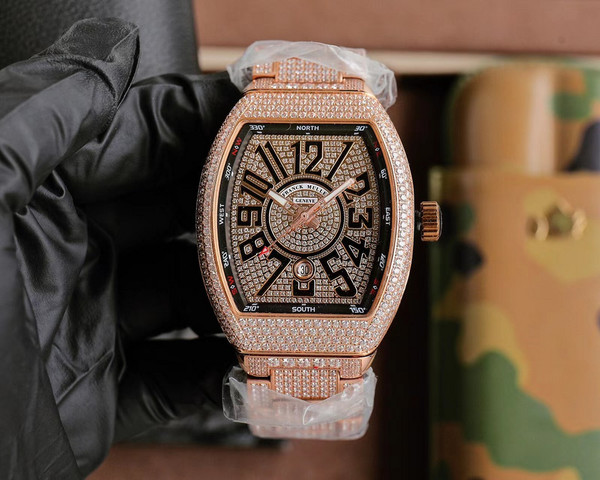 High quality replica iced out Franck Muller FN Vaard Yachng V45 series curver moissanite vvs diamond black dial watch