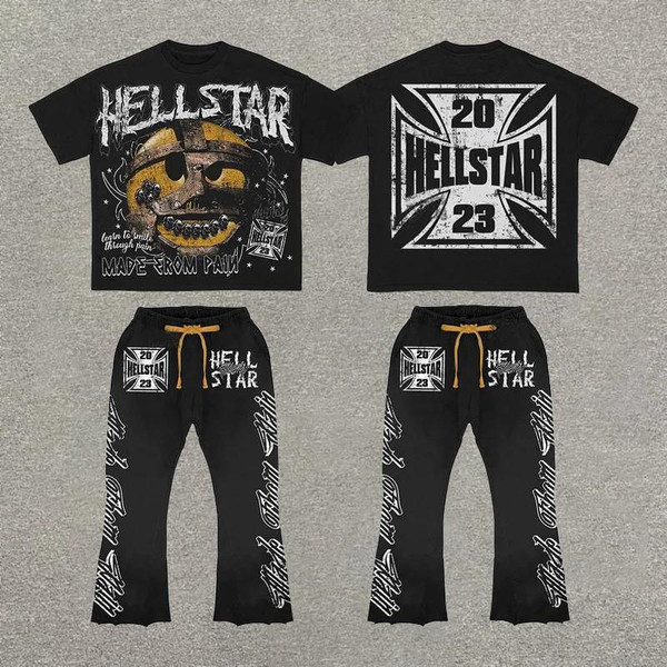 buy High quality replica UA  Vintage Personalized Hellstar Print Short Sleeve Tee & Flared Trousers Two Piece Set replica from hypereptime Other brands