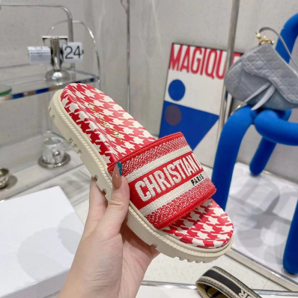 Buy High quality replica UA Dior Dway Slide Cornflower Red Embroidered Cotton with Micro Houndstooth Motif, Sandal from HypeRepTime, best replica designer brand website