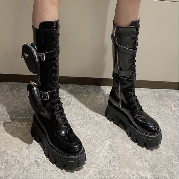 High Quality Replica UA Prada Monolith Patent Leather High Black,Boots