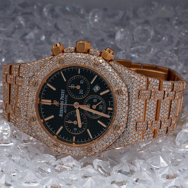 buy Iced out replica rose gold moisonnite diamonds  AP royal oak chronograph watch replica from hypereptime Audemars Piguet