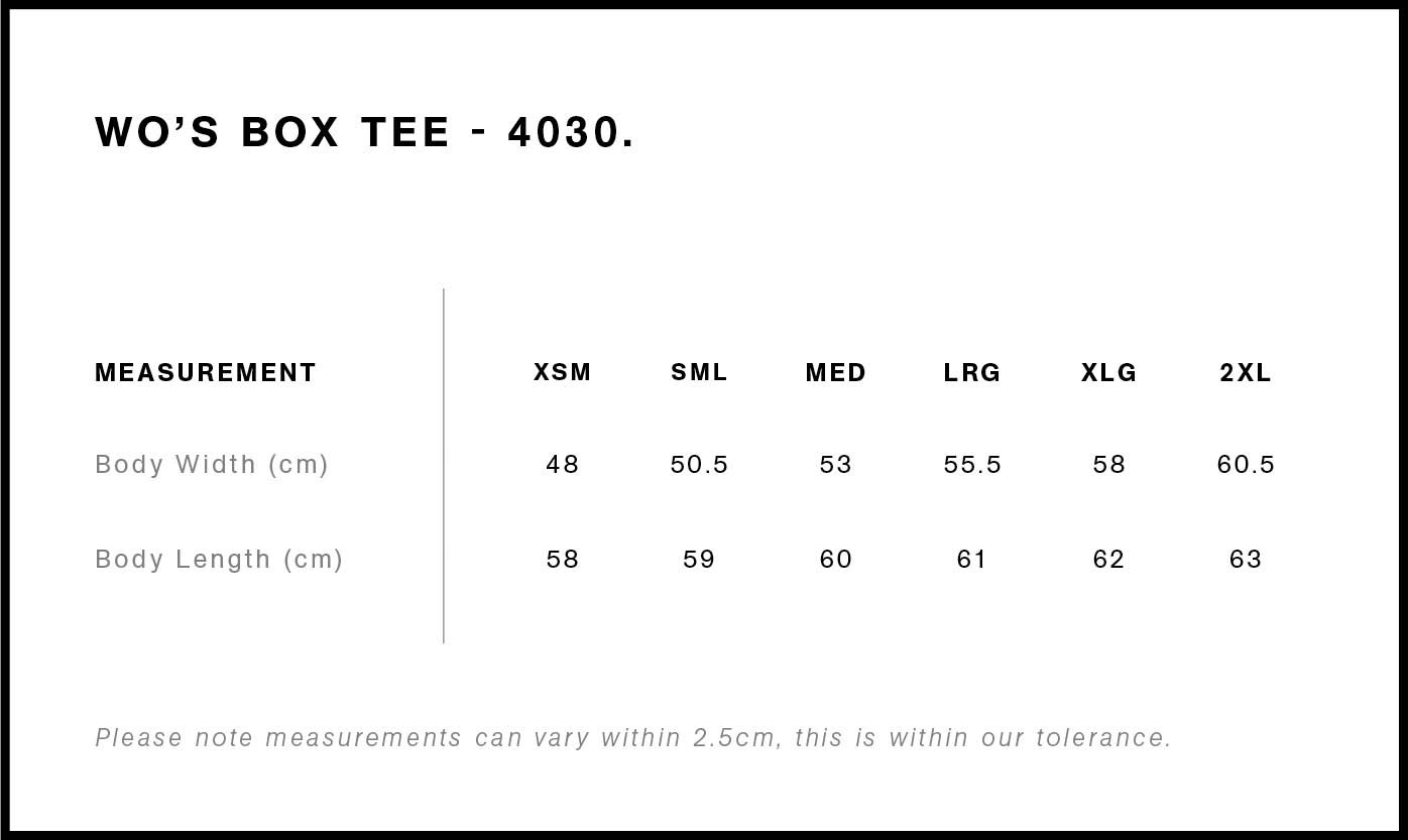 Women's Box Tee size guide