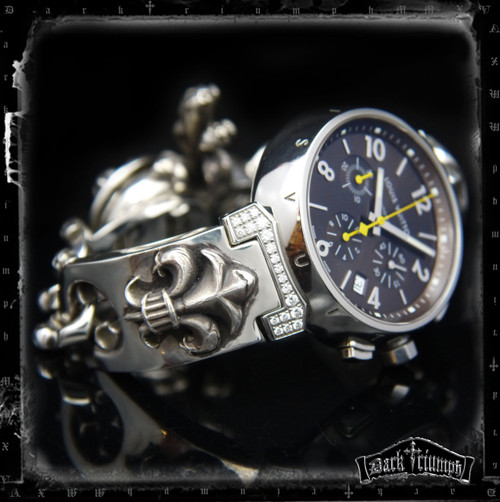 Custom Louis Vuitton Watch  Sterling Silver Fleur Cross Skull Bracelet
