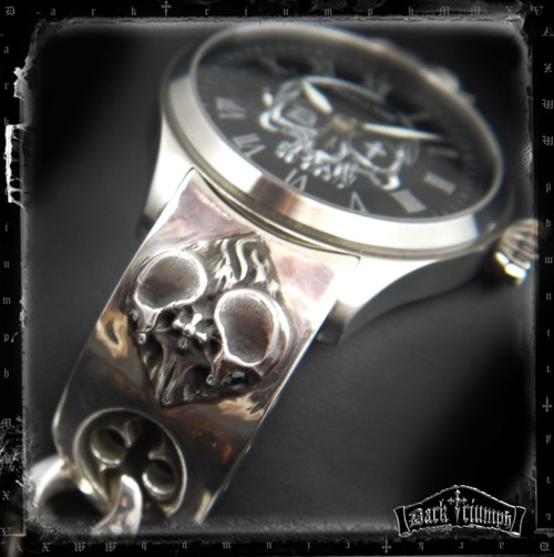 Vintage Hamilton Watch on Black Diamond Double Skull Heart  Bracelet in Sterling Silver | DEAD RINGER Vintage Hamilton Watch on Black Diamond Double Skull Heart  Bracelet in Sterling Silver | DEAD RINGER