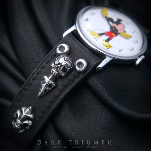 Vintage Mickey Mouse Watch - Diamond Sterling Silver Skull on Handmade Leather | Mick Malice Vintage Mickey Mouse Watch - Diamond Sterling Silver Skull on Handmade Leather | Mick Malice