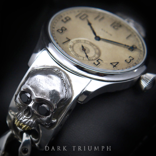 Dark Triumph Watch – Vintage Elgin Movement, Diamond Skull Bracelet in Sterling Silver & 18K Gold | GOLDTOOTH RELIC Dark Triumph Watch – Vintage Elgin Movement, Diamond Skull Bracelet in Sterling Silver & 18K Gold | GOLDTOOTH RELIC