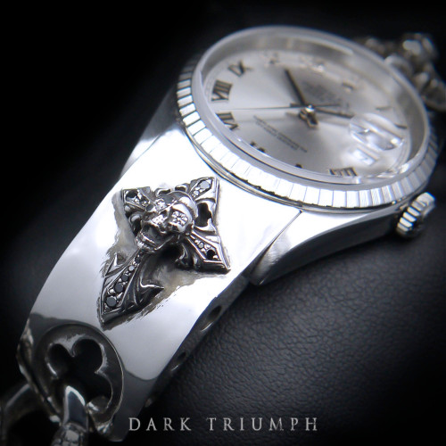 Rolex Datejust Watch – Diamond Studded Skull Bracelet in Sterling Silver | DRESSED to THRILL Rolex Datejust Watch – Diamond Studded Skull Bracelet in Sterling Silver | DRESSED to THRILL