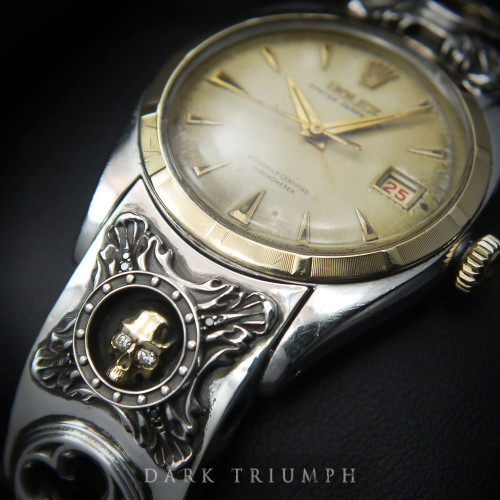 1953 Rolex “Ovettone” – Diamond Skull & Acanthus Bracelet in Sterling Silver & Gold | ÆTERNA D’ORO 1953 Rolex “Ovettone” – Diamond Skull & Acanthus Bracelet in Sterling Silver & Gold | ÆTERNA D’ORO