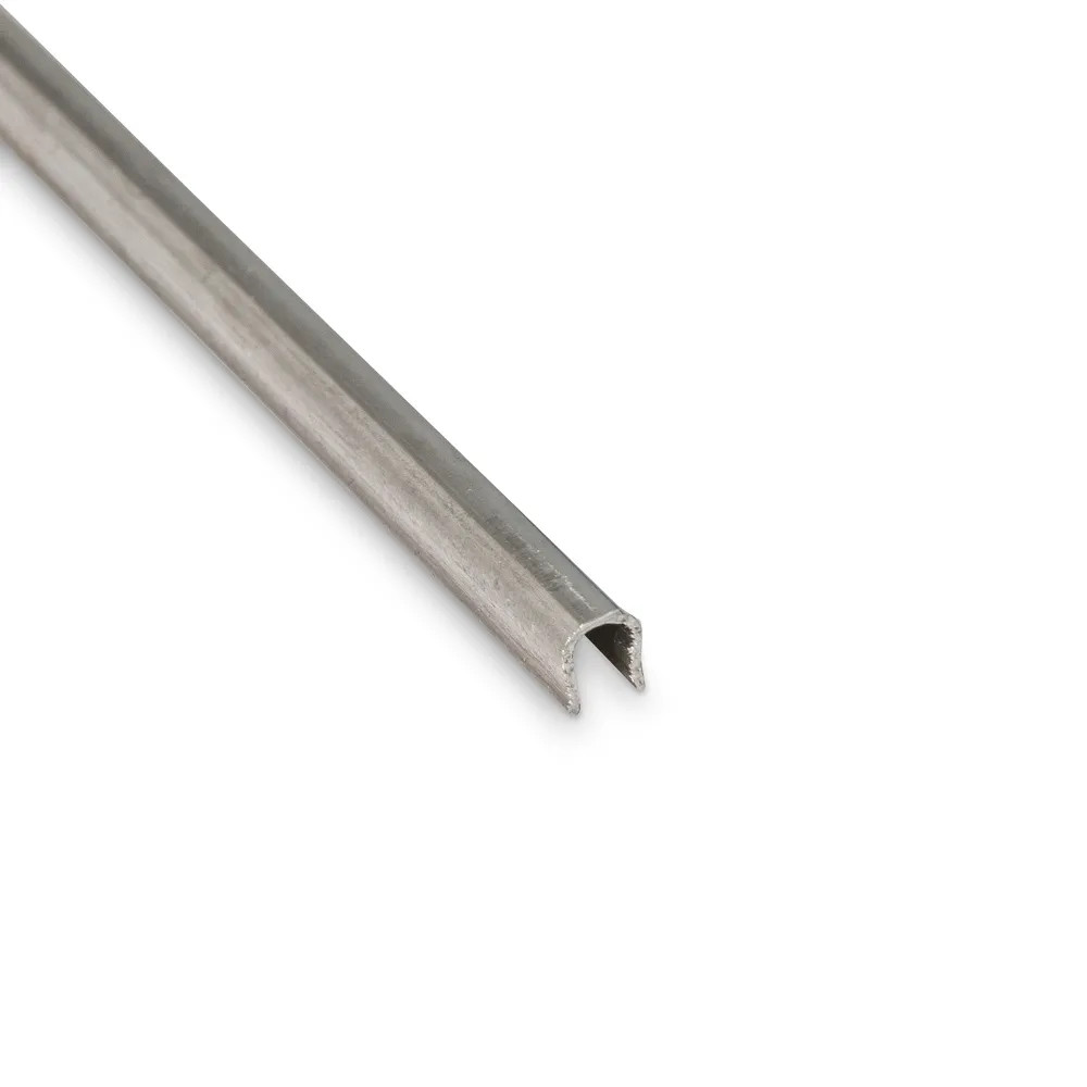 Stainless steel patio door track cap shown full length — sold in 6 ft and 8 ft sizes and cut to length on site.