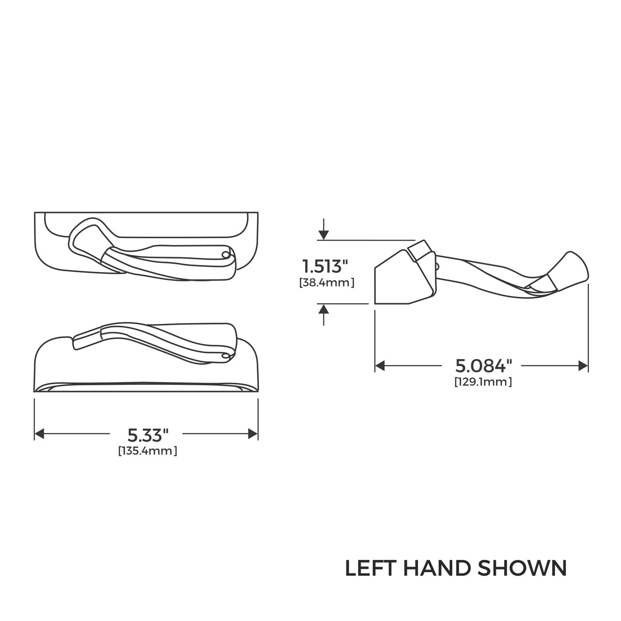Technical image, dimensions, size, measurement, specifications of Truth 12614 Encore Tango Handle and Cover.