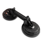 LEO Hardware heavy-duty double suction cups with SBR rubber pads for lifting glass panels, rated 285 lbs horizontal and 240 lbs vertical.