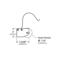 Technical drawing, dimensions, sizes, specifications for sliding screen door roller with 1-1/8" diameter steel ball bearing wheel.