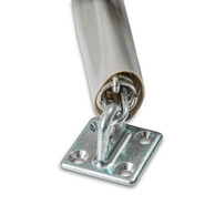 Close-up of Leo Hardware wind chain showing dual coil springs, grey vinyl sleeve, and mounting bracket.