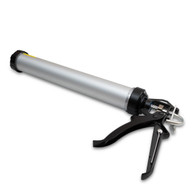 Lightweight aluminum 12:1 sausage caulking gun compatible with sausage packs and standard cartridges, includes narrow precision nozzles.