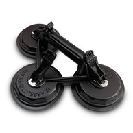 LEO Hardware heavy-duty triple suction cups with SBR rubber pads for lifting large glass panels, rated 350 lbs horizontal and 305 lbs vertical.