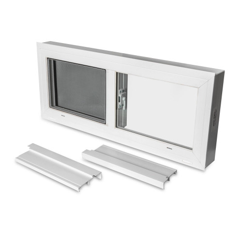 Replacement white vinyl window insert with side jambs.