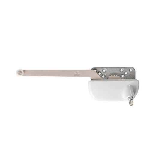 An image of Truth Hardware (AmesburyTruth) 15 Series Ellipse 7-1/2" Single Arm White Left-Hand Casement Window Operator (15.56.32.261).