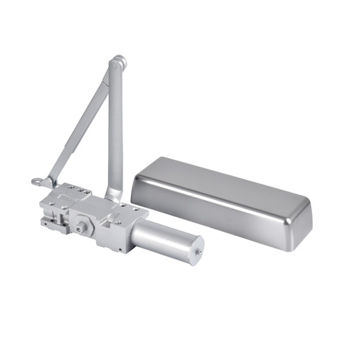 An image of LEO Hardware heavy-duty cast iron door closer & it's plastic case.